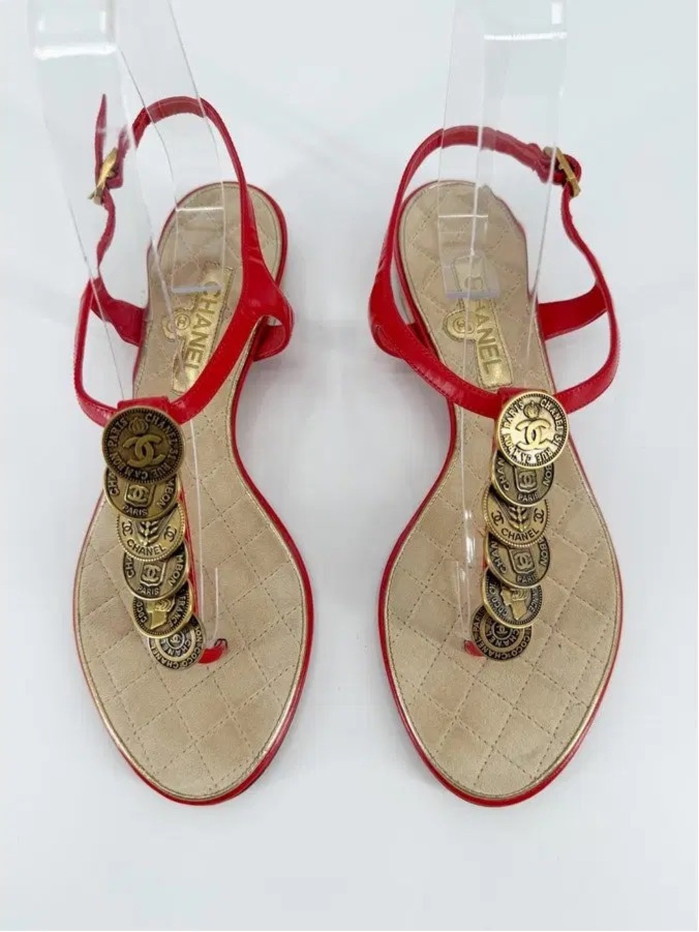 CHANEL Red Leather Slingback Sandals with Gold Coin Medallions - EU 42